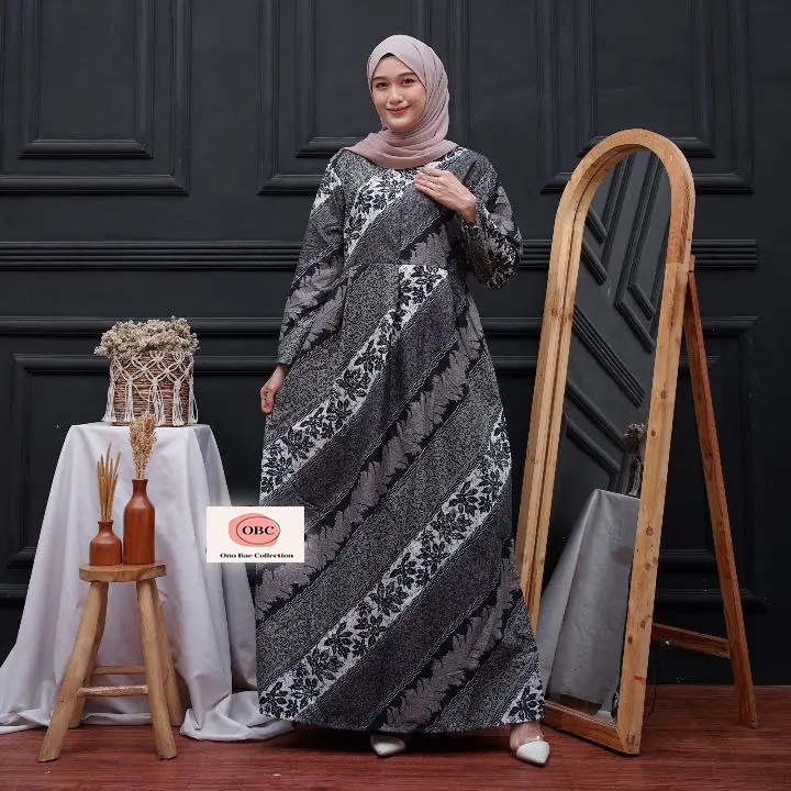 Gamis Lebaran Busui Bahan Katun Dress Murah All Size Batik Kondangan Poliester Hitam Navy Cantik Dewasa Kerah Putih Panjang Nyaman Muslim Bunga 3