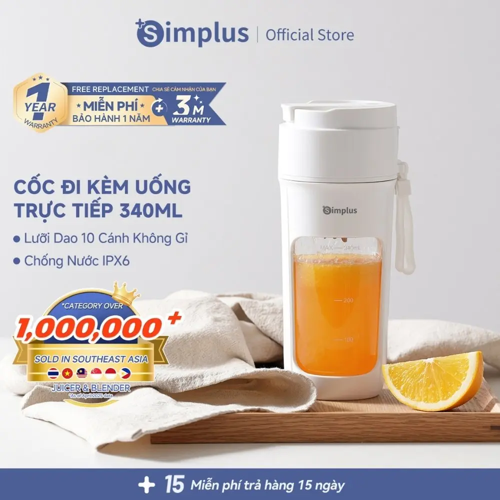 SimplusVN Máy Xay Trái Cây Không Dây Cầm Tay ZZJH008, Dung Tích 340ML, Cổng Sạc Type-C, Chống Nước Tiện Lợi Bảo Hành 1 Năm Chỉ Đổi Không Sửa