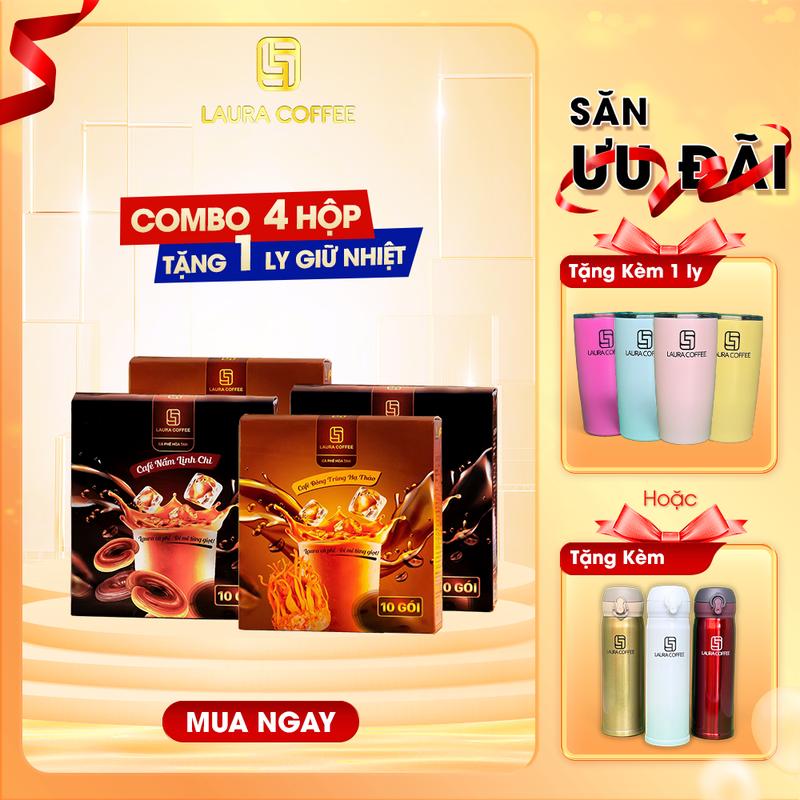   QUÀ TẶNG   Combo 4 Hộp Cà Phê Đông Trùng Hạ Thảo + Nấm Linh Chi Laura Coffee - Nhât Kim Anh 