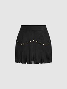 1 falda-pantalón de ante sintético con flecos para mujer | Falda-pantalón ajustada con hebillas y cintura alta | atuendo estilo vaquera occidental para festival de música | fiesta retro Y2K para salir