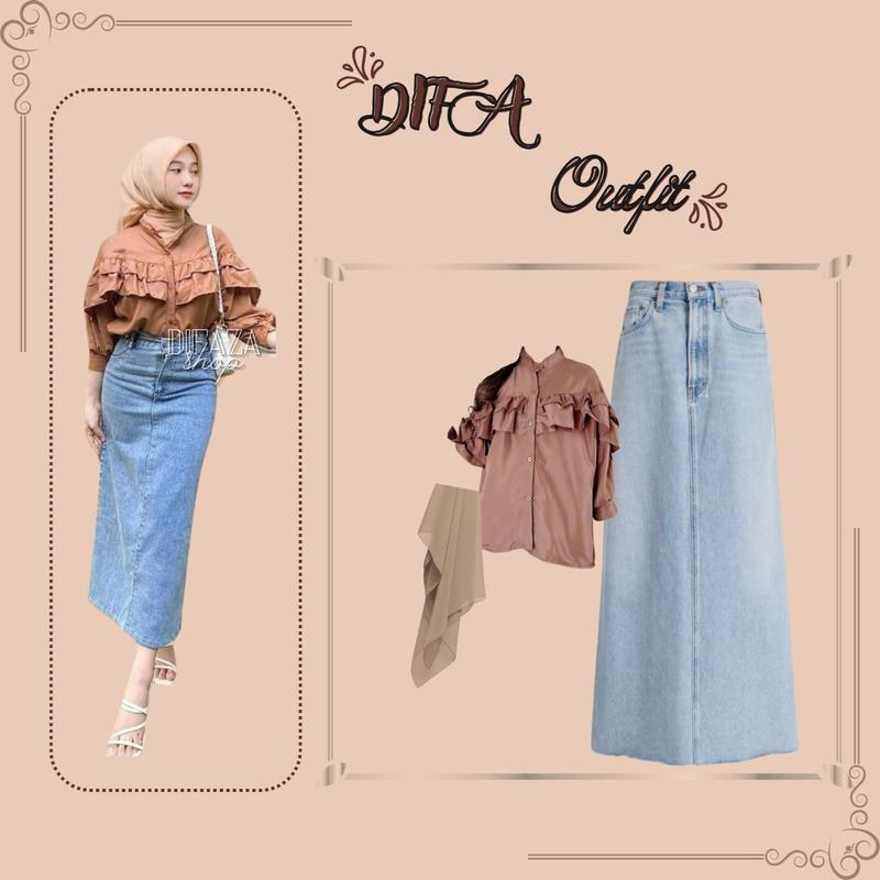 DF 495 - outfit difa hijab bella square mocca blouse geya oversize ruffle cokelat rok skirt jeans snow blue oneset 3in1 wanita korean style 1