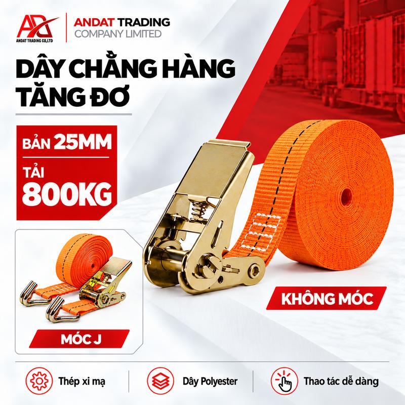Dây Chằng Hàng Tăng Đơ 25mm Tải 1 Tấn ANDAT | Dây Ràng Cột Hàng Xe Máy, Xe Ba Gác, Xe Bán Tải Chắc Chắn