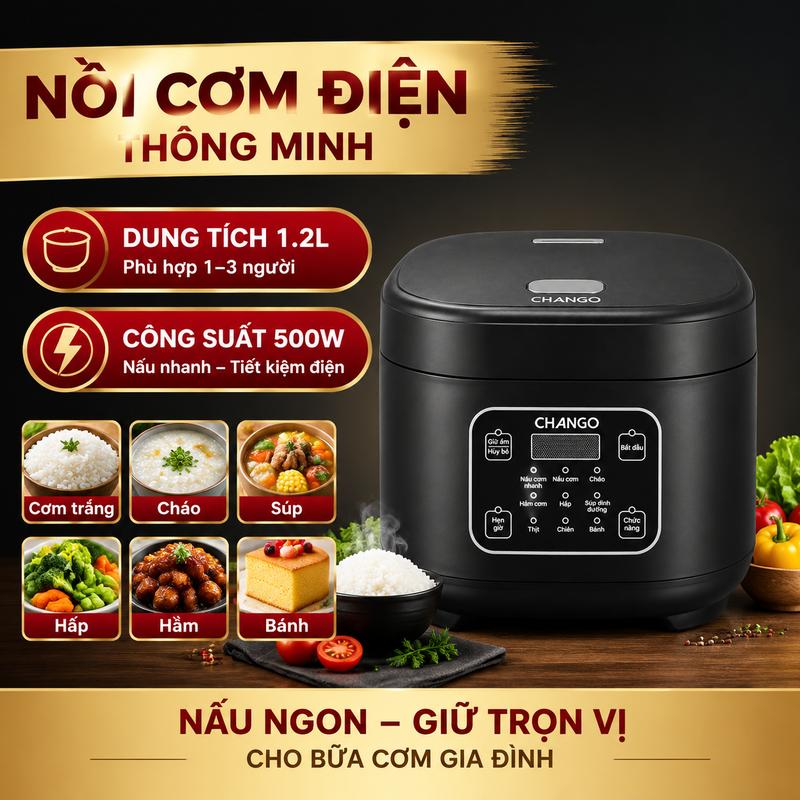 Nồi cơm điện 1.2L thông minh màu đen sang trọng bảng điều khiển cảm ứng dễ sử dụng chất liệu cao cấp bền bỉ thiết kế hiện đại tinh tế sản xuất trực tiếp từ xưởng