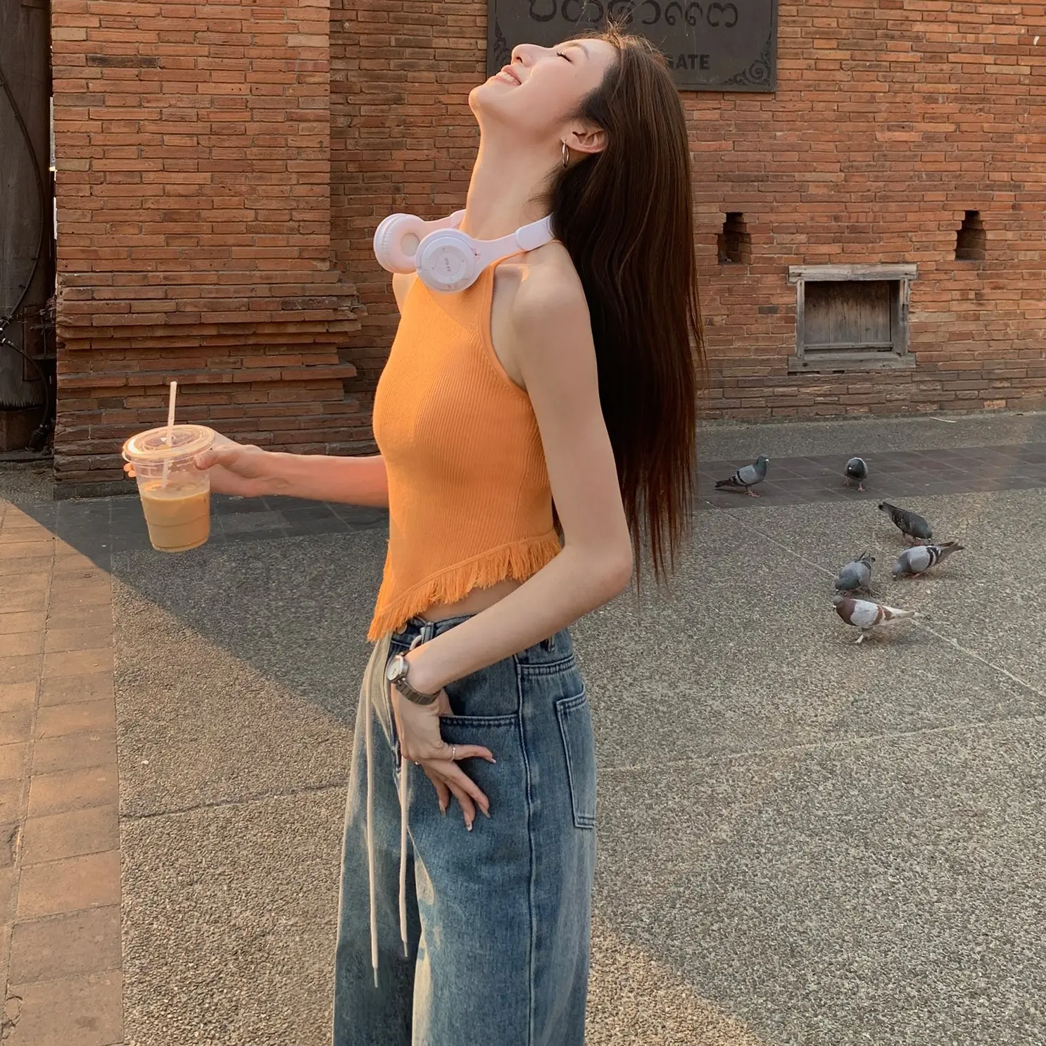 Áo Yếm Dệt Kim, Dành Cho Nữ, Mặc Mùa Hè, Áo Lót, Màu Trơn Viền, Cropped Xén, Áo Không Tay Thích Hợp Mặc Bên Trong