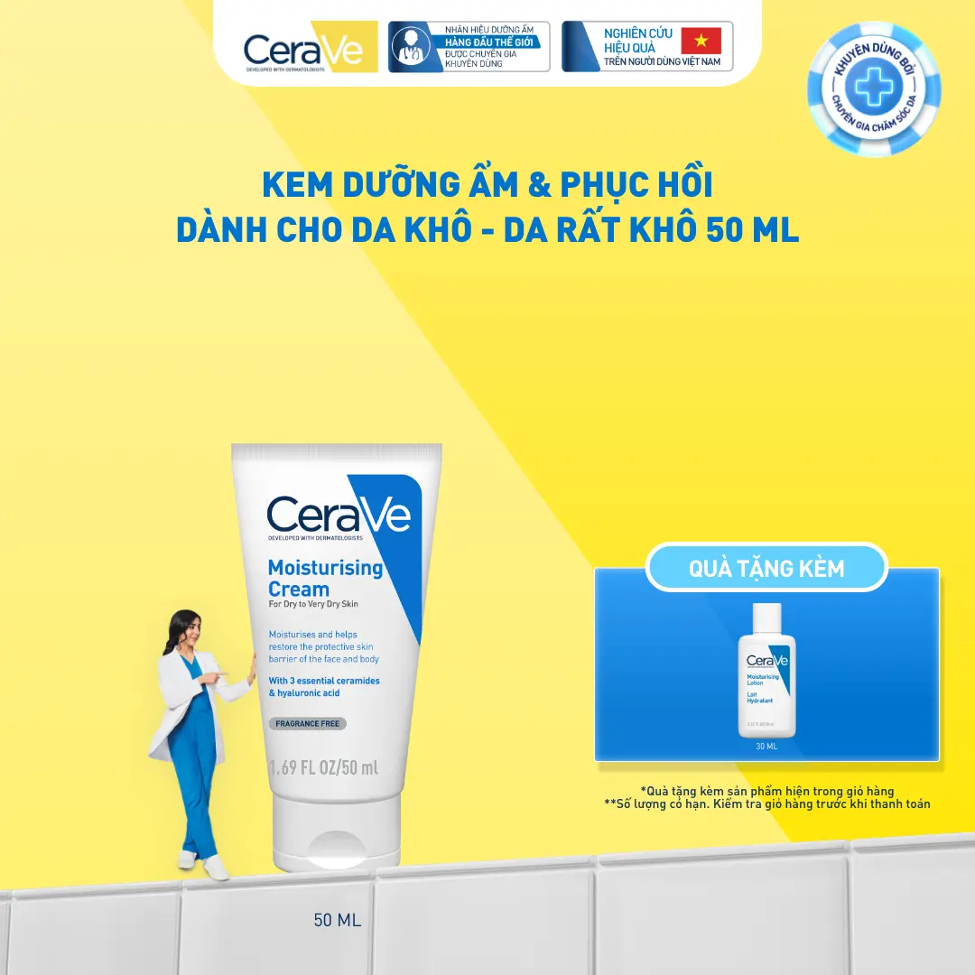 Kem dưỡng ẩm dành cho da khô Cerave Moisturizing Cream 50ML. Kem dưỡng giúp phục hồi chuyên sâu, giữ da ẩm mịn suốt 48 giờ, không gây bí da. DÙNG ĐƯỢC CHO DA MẶT VÀ CƠ THỂ_ Chăm sóc da_Kem & Sữa dưỡng thể_Skincare cho Nam và Nữ