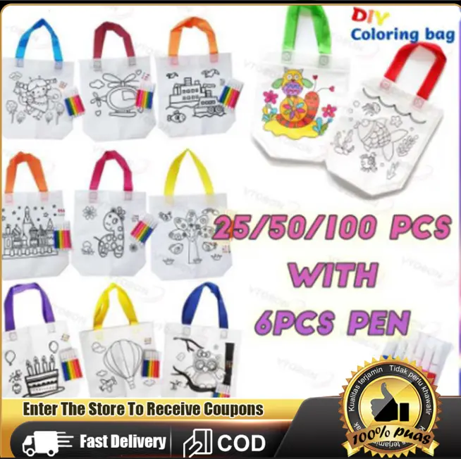 25/50/100 PCS DIY Graffiti Painting Bag For Kids Educational Toys Coloring Bag Gifts With Free Pen Optional Design DIY Graffiti Bag Handmade Painting Non-Woven Bag Children Lootbag treats/Paninda hand paint