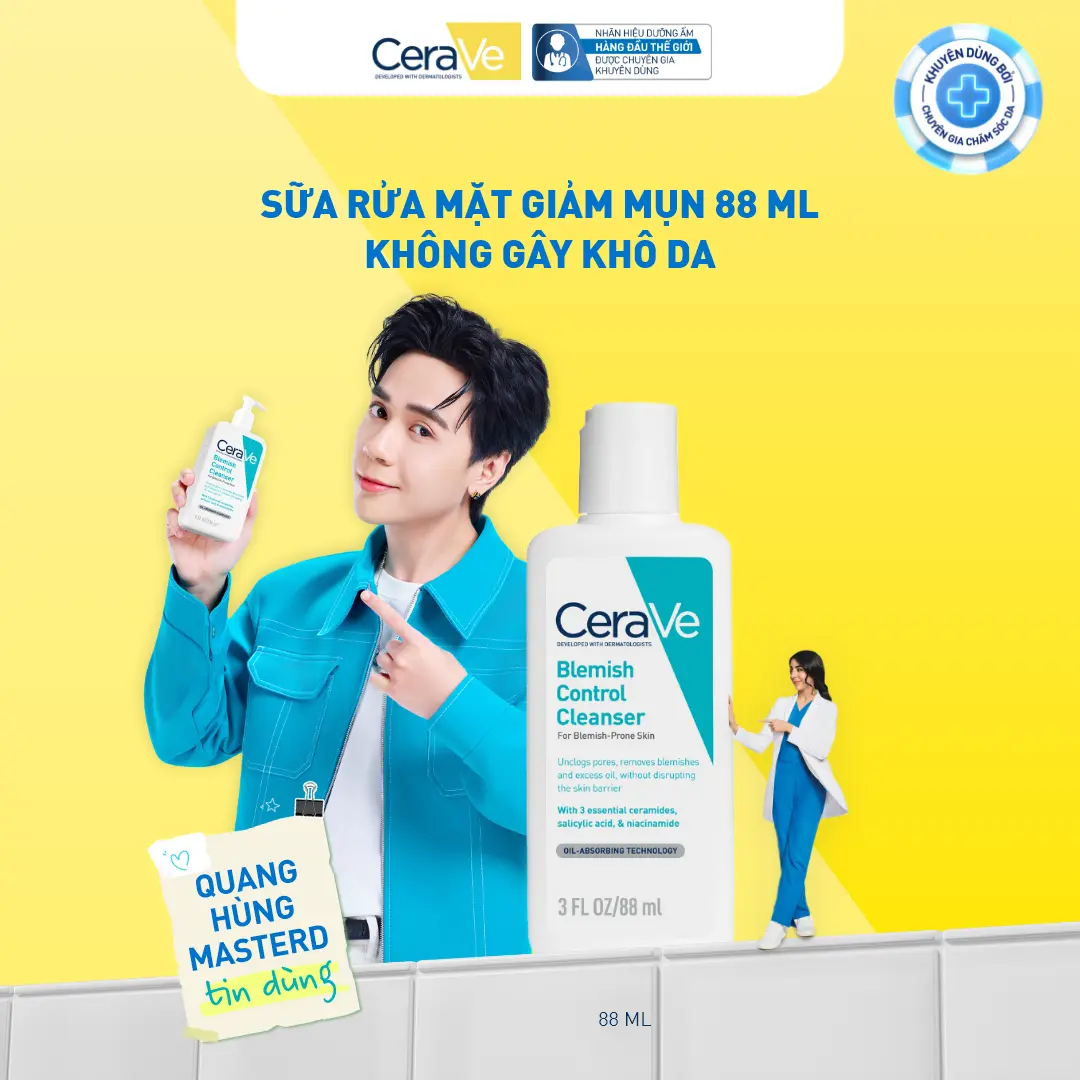 Sữa rửa mặt giảm mụn CeraVe Blemish Control Cleanser 88ml. Sữa rửa mặt dịu nhẹ giúp làm sạch bã nhờn dư thừa và giảm mụn với AHA & BHA, không làm tổn thương hàng rào bảo vệ da. DÙNG CHO DA MẶT_ Chăm sóc da_Skincare cho Nam và Nữ_Cleansing