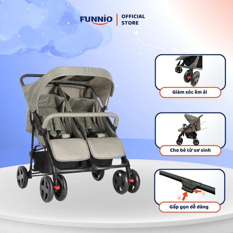 Xe đẩy đôi cho bé song sinh Funnio P-700 3 tư thế ngồi ngả nằm phù hợp với bé từ sơ sinh gấp gọn dễ dàng