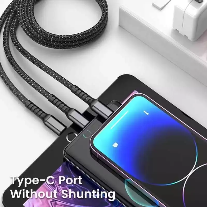 Kabel Data 3in1 100w Fast Charging USB Micro / Type C / IOS Aluminium Hitam Konektor Cable 4