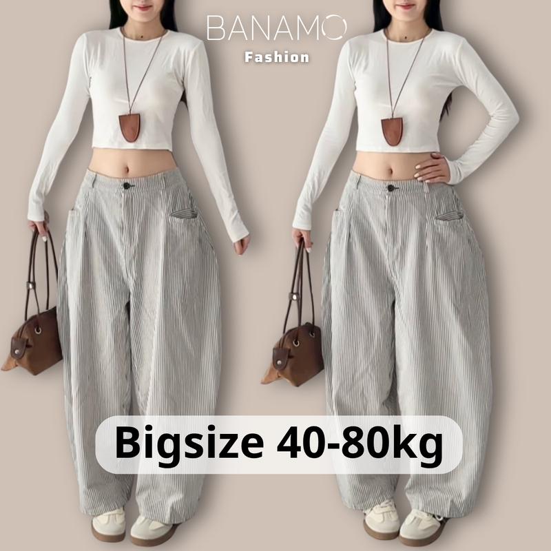  Quần ống rộng nữ BIGSIZE Banamo Fashion quần harem kẻ sọc dáng thụng cạp chun sau phong cách Hàn Quốc 9908 