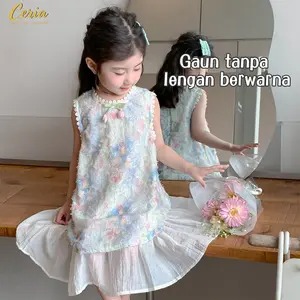 Ceria-Gaun Musim Panas Santai Anak Perempuan / Gaun Rompi Tanpa Lengan dengan Hiasan Kuncup / Taman Monet / Gaun Motif Bunga dengan Leher Bundar yang Manis