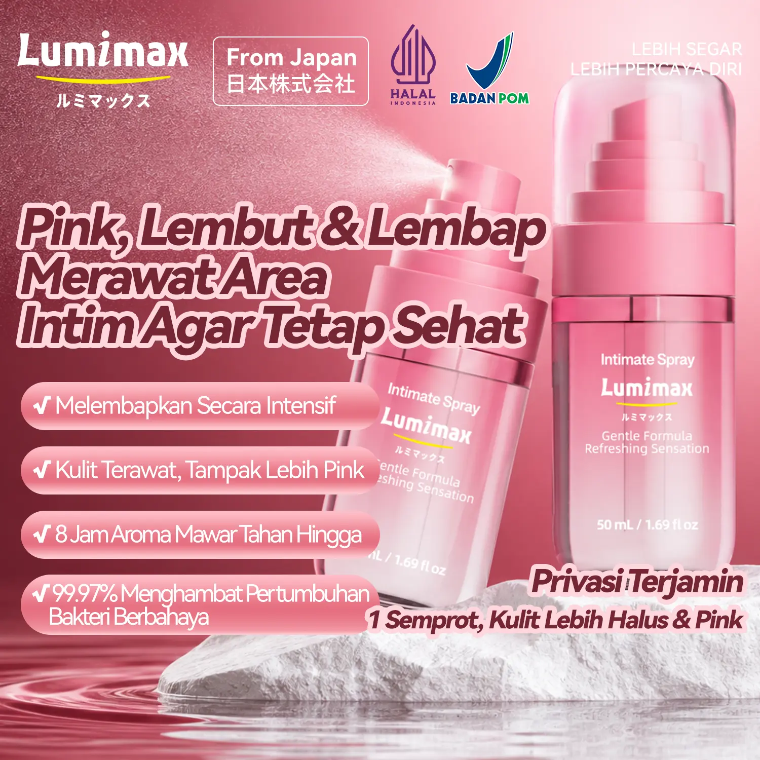 Lumimax Spray Area Intim 50ml | Spray Kewanitaan Anti Bau, pH Balance & Triple Probiotic | Intimate Care untuk Kesegaran, Kelembapan & Pink Care | BPOM Halal | Tanpa Alkohol