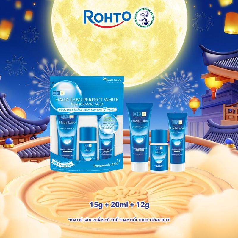 Bộ travel size dưỡng trắng Hada Labo Perfect White Tranexamic Acid Travel Set (Kem rửa mặt 15g + Dung dịch dưỡng 20ml + Kem dưỡng 12g)