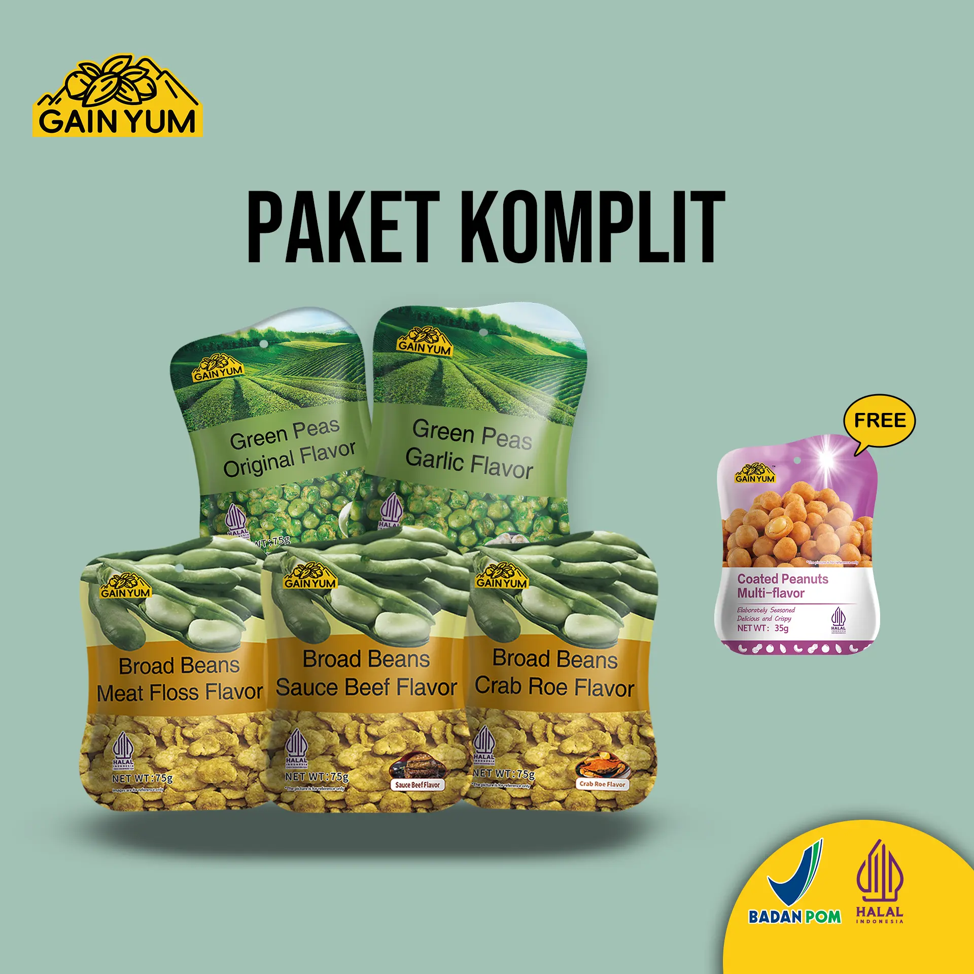[ PAKET KOMPLIT ] Gain Yum Snack - ALL VARIAN Kacang Polong dan Kacang Koro Ukuran 75g