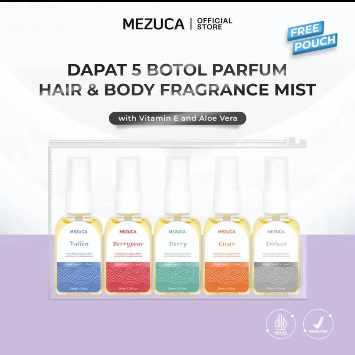 Dapat 5 Botol Parfume Hair & Body mist MEZUCA 30mL with Vitamin E & Aloe Vera BPOM