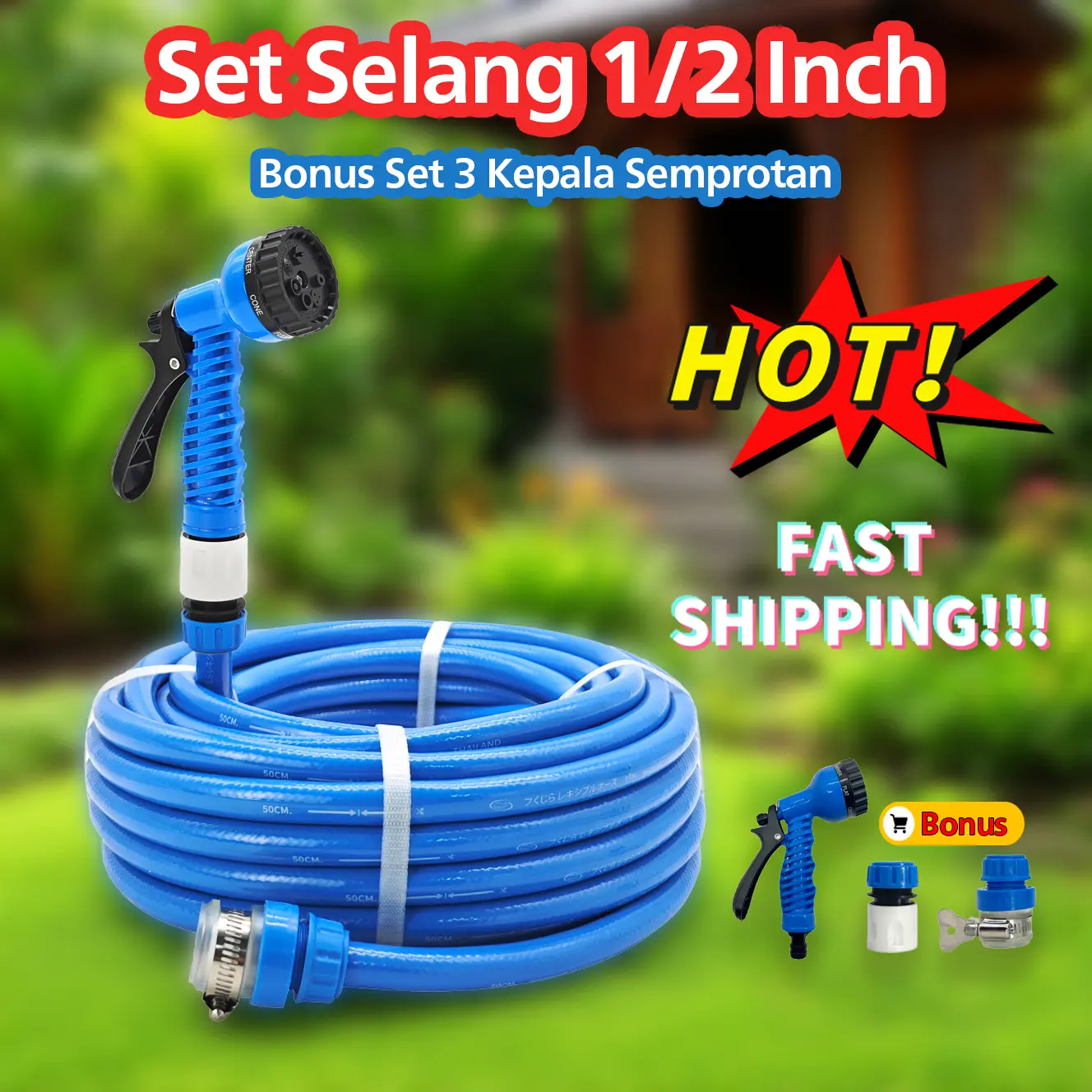 Selang Air Kujira Original 1/2 Inch Tebal Elastis 10-30 Meter, Paket Lengkap dengan Nozel Semprot, Pemasangan Mudah Langsung Pakai, Bonus 3 Aksesoris Gratis, Selang Saluran Air Cuci & Berkebun