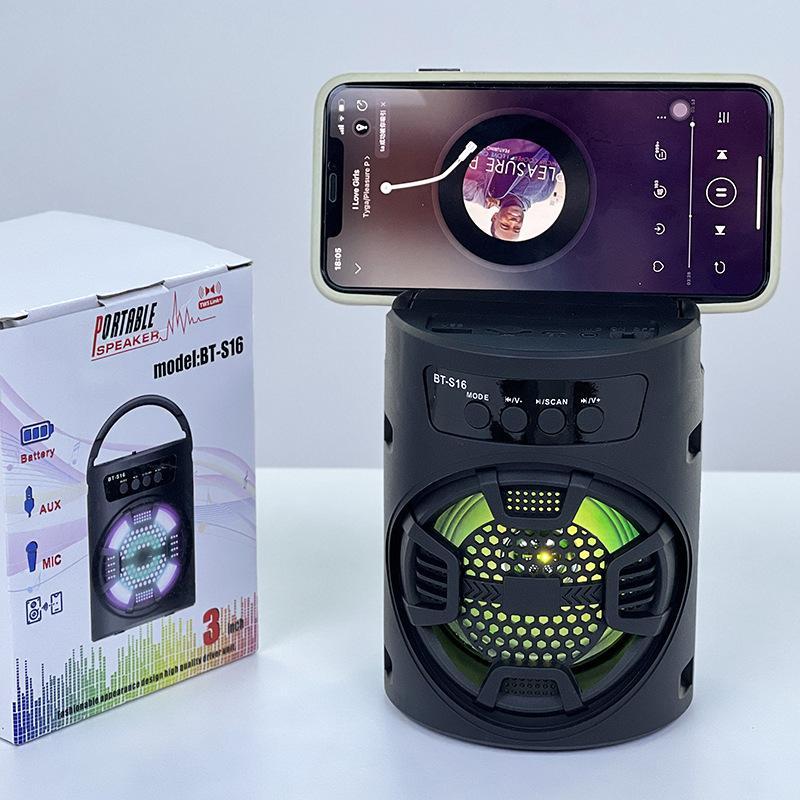 Loa Bluetooth Thiết kế nhỏ gọn có tay cầm Âm thanh cực chất lượng, có quay xách, có giá đỡ điện thoại, có cổng aux kết nối tivi, máy tính BT-S16-BLACK