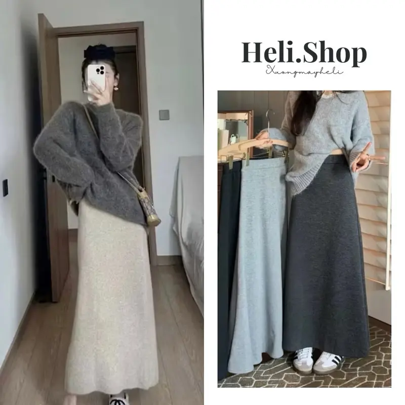 Chân Váy Dáng Dài Chữ A Midi Chất Len Dệt Kim Lông Thỏ Lưng Chun Dáng Dài Basic chân