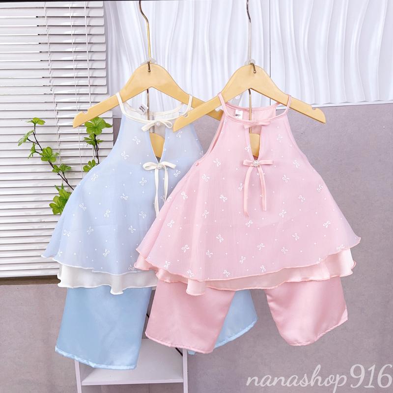 Nanashop916 - Set Yếm Bé Gái Quần Lụa Lụa Đũi Sớp Tơ Mềm Mịn (9–22kg dưới 1m15) – Màu Hồng/Xanh/Đen