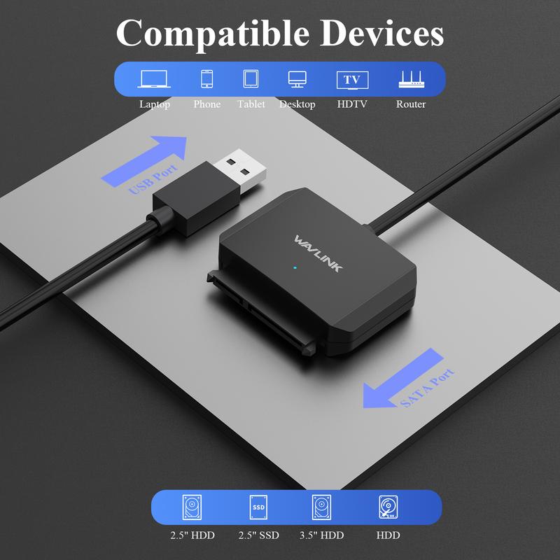 Cáp Bộ Chuyển Đổi Ổ Cứng USB3.0 Sang SATA III, WAVLINK, Bộ Chuyển Đổi SATA Sang USB A 5Gbps, Đầu Nối Ổ Cứng Ngoài, Tương Thích Với Ổ Cứng 2.5 "/ 3.5" HDD / SSD, Bao Gồm Bộ Chuyển Đổi Nguồn 1