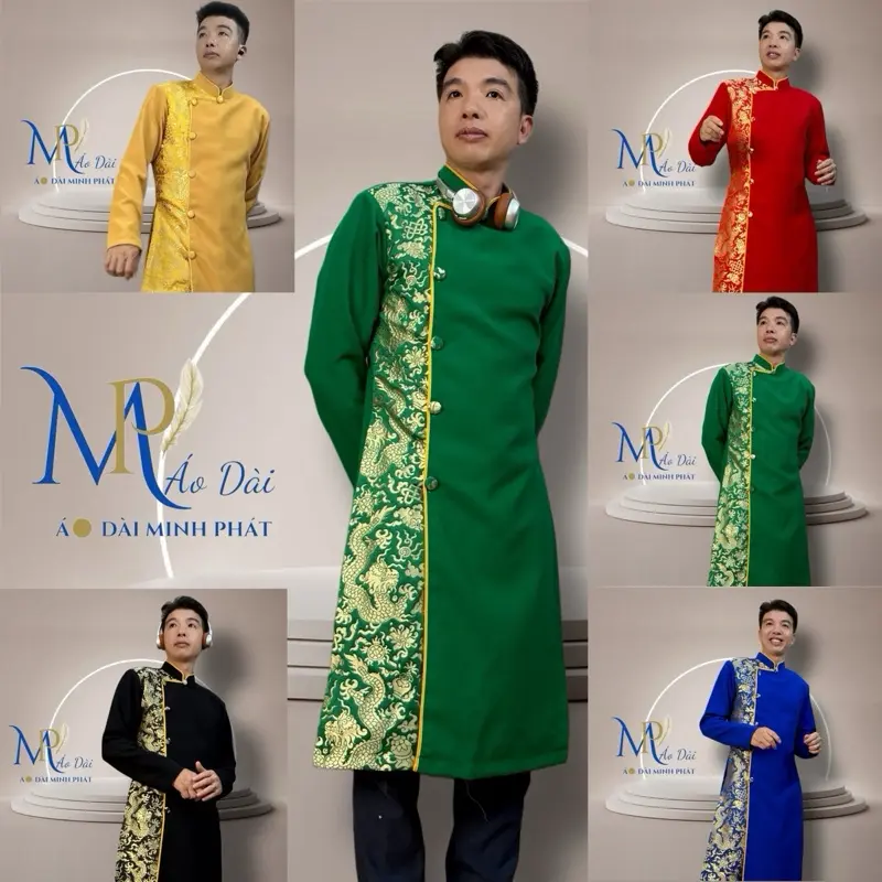 Áo Dài Minh Phát Vải Tuyết Mưa phối Gấm Hoạ Tiết Rồng Vàng  Cách tân cho nam Form Vest sang trọng Với nhiều mầu thích hợp mọi lứa tuổi Menswear 0