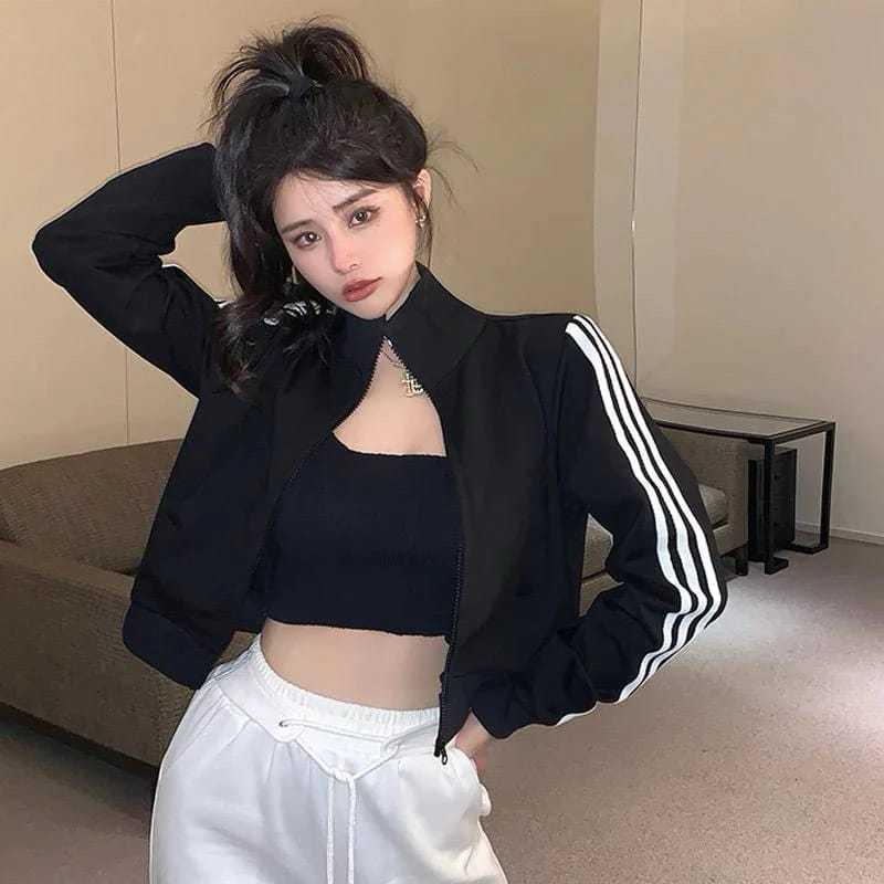 Jaket Crop Wanita - Stand Collar Jaket Vintage Crooped Korean Style Kekinian 7