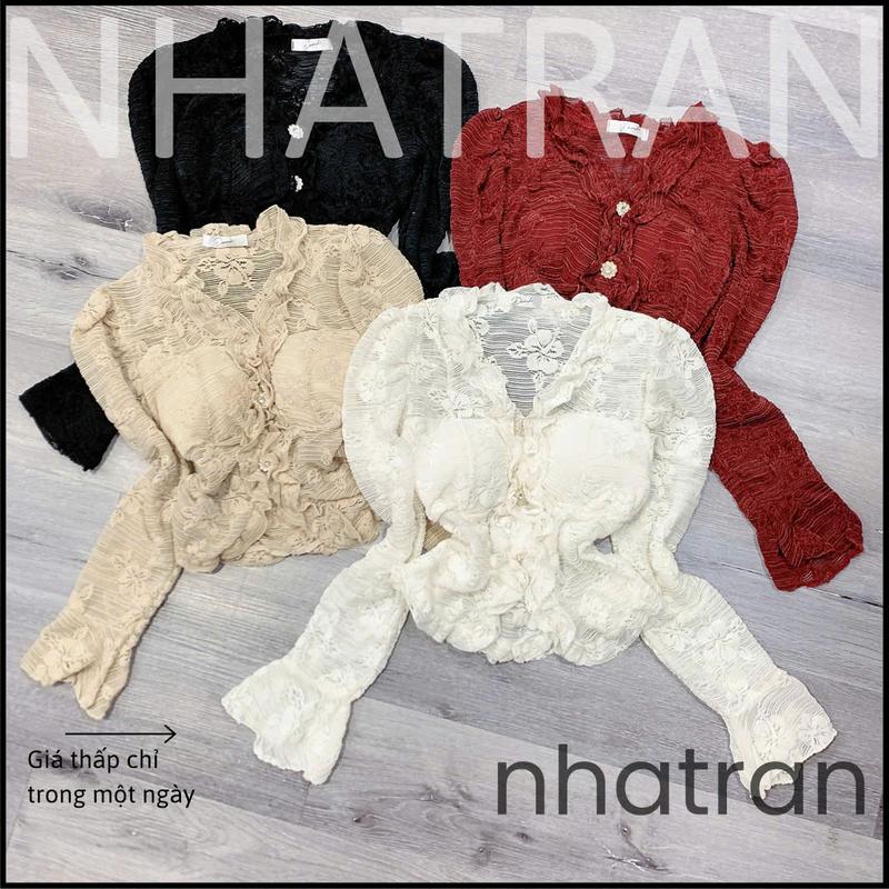  nhatran - Áo ren nữ cổ tim tay dài loe phom ôm lót mút chất ren hoa nổi mềm mại Top Women DOM MÚT-03 