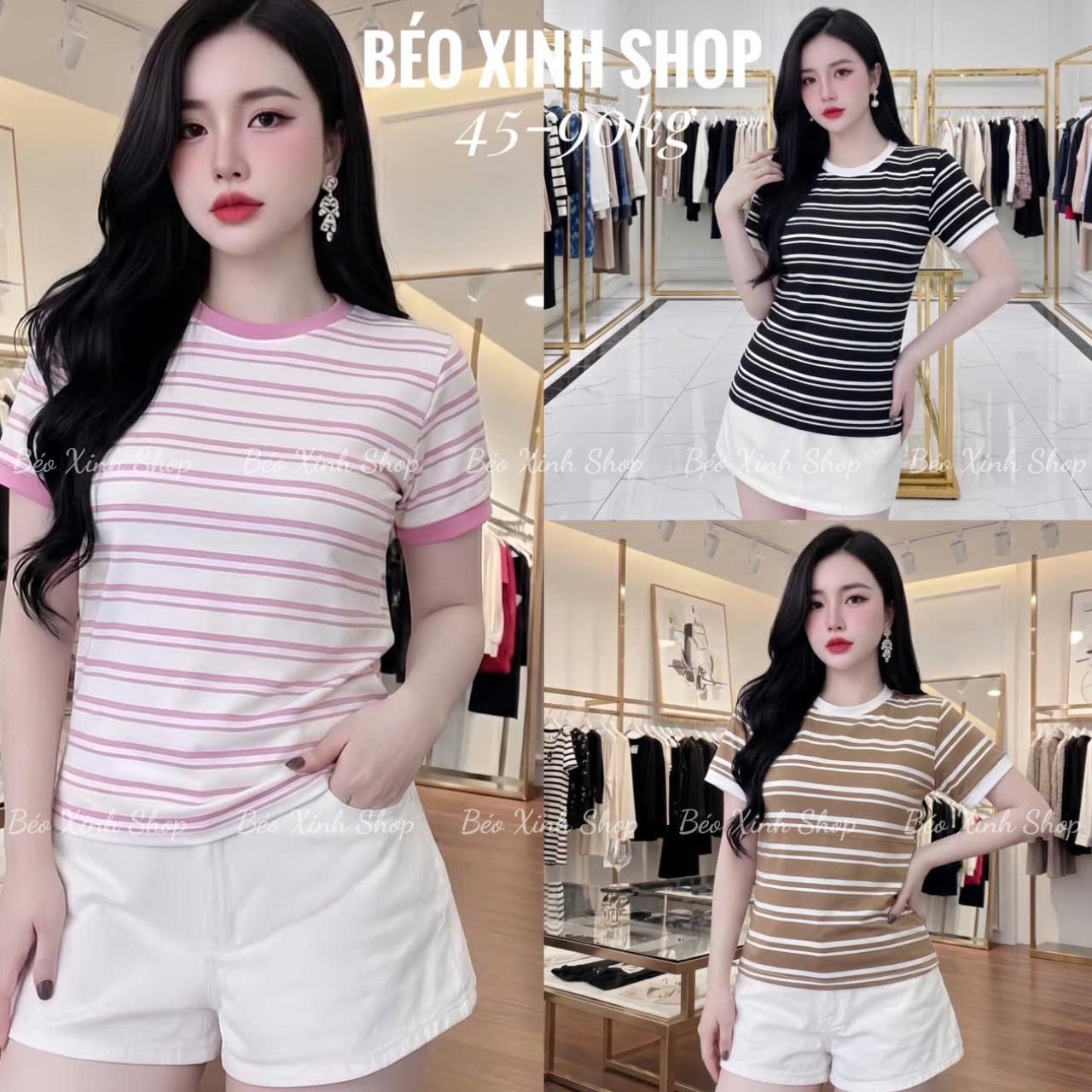 Áo Thun Nữ Cổ Tròn Vải Borit Sọc Cao Cấp Thanh Lịch Bigsize 45–90kg Dễ Thương Nữ Women Top Nhung - A.1799