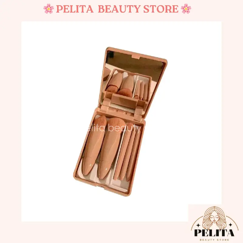 Kotak box make up 5 kuas brush + cermin set 5 in1  makeup kosmetik portable 5