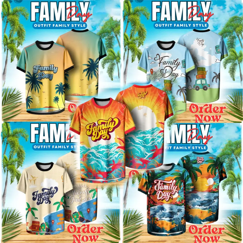 Family Day Round-neck T-shirt – Beach & Sunshine Print, Perfect for Parent-Child Outfits