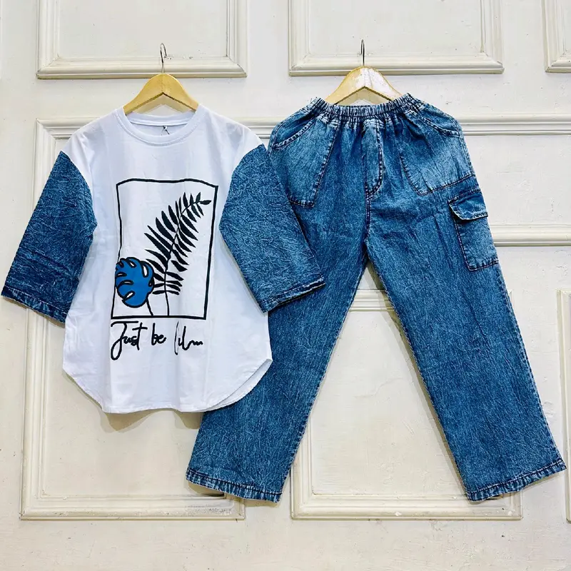 Adeva setelan combat kolaborasi dengan jeans Nyaman , setelan kaos dewasa wanita 6