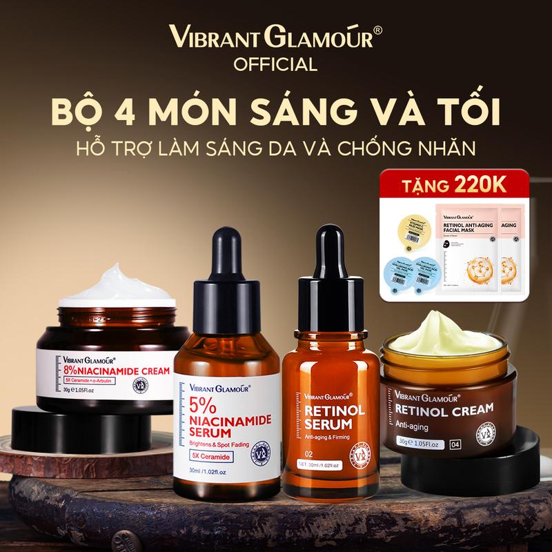 Bộ combo Serum, Kem Dưỡng Retinol & Niacinamide VIBRANT GLAMOUR Hỗ Trợ Nâng Tông và Hỗ Trợ Tươi Trẻ Da, dung tích serum 30ml, dung tích kem dưỡng 30g