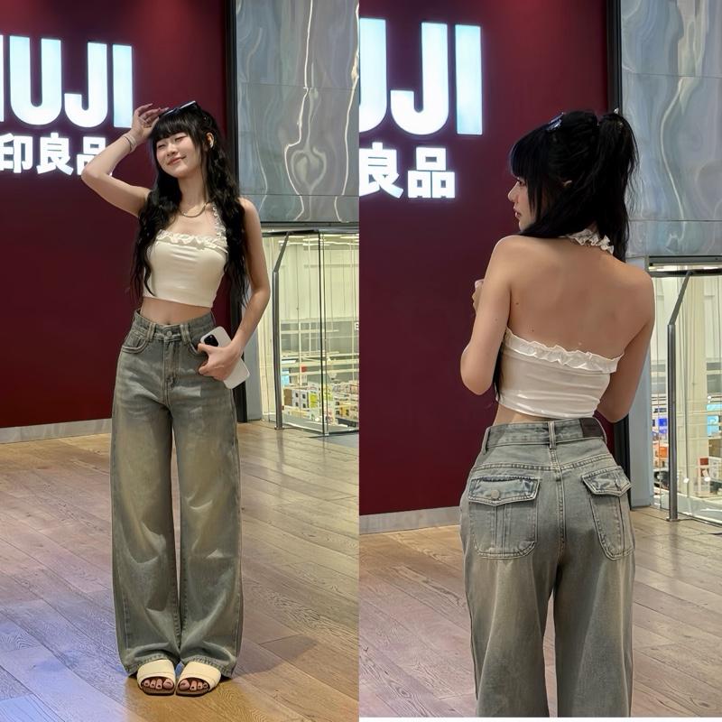 Quần jeans nữ Ống suông vải không giãn phối đĩa đôi túi hộp Phía sau Q1620