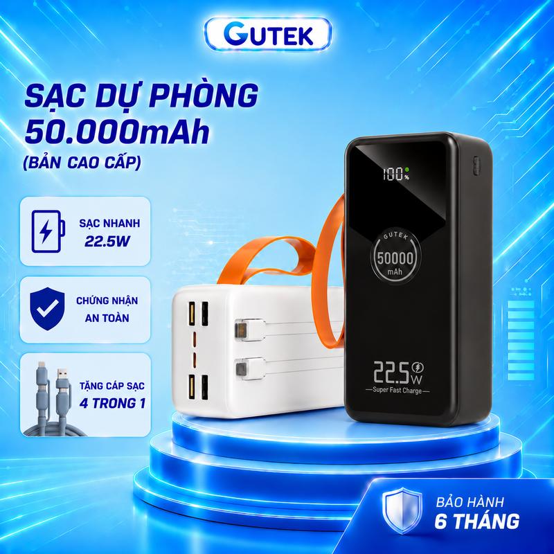 [Tặng sạc  4 trong 1] Sạc dự phòng in 50000mah Sạc nhanh 22,5W dung lượng lớn có sẵn dây sạc - Gutek GT230