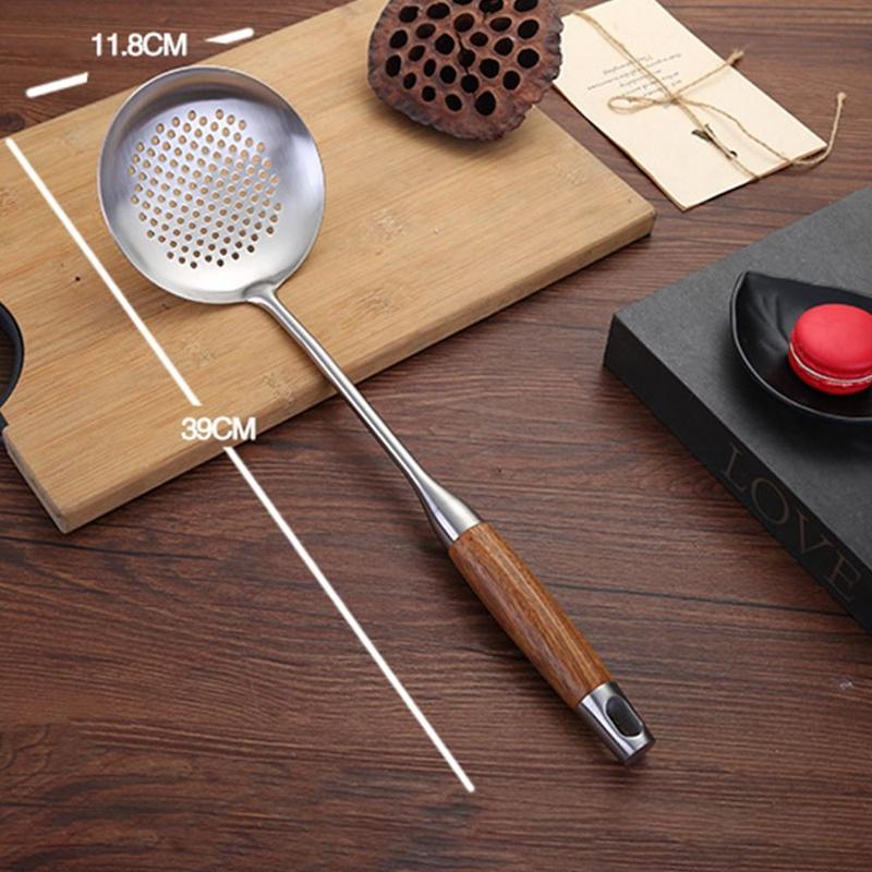 Cookware 304 Staniless Steel Kitchen Utensils Long Wooden Handle Spatula Spoon Cooking Equpment Frying Shovel Thickened Cooking Tool Sets 6