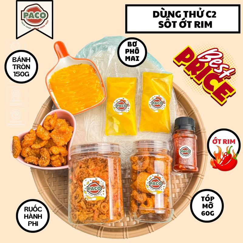 [MUST TRY] Set Bánh Tráng Phơi Sương C2 Dùng Thử đầy đủ topping nhà Paco Food Gồm 1 sấp bánh tráng 1 hủ ruốc hành phi 1 hủ tóp mỡ 2 túi bơ phô mai 1 chai sốt kèm