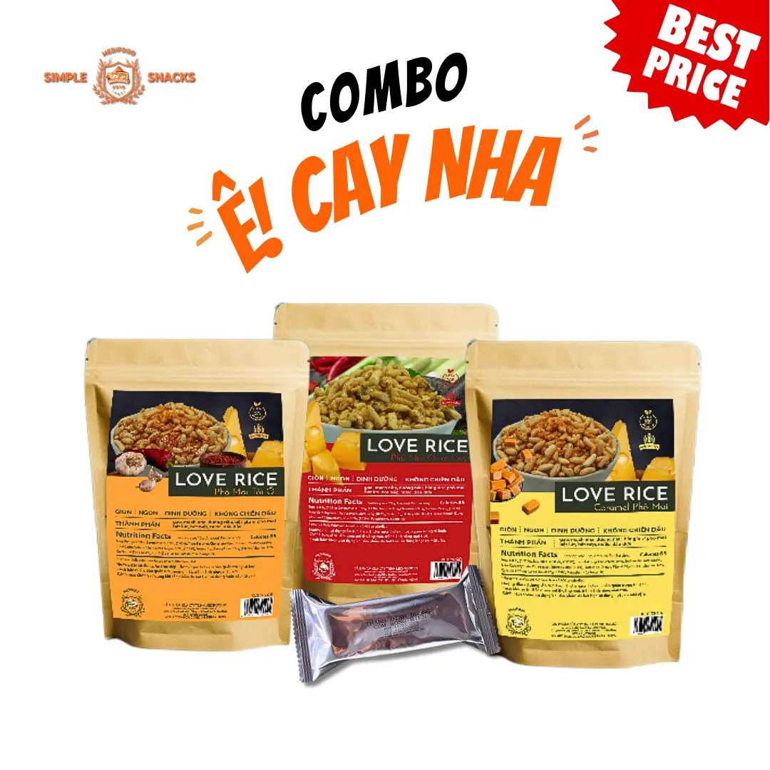 Combo Love Rice Ê CAY NHA – Combo Snack Gạo Vị Cay Xé + Tặng Thanh Dinh Dưỡng | Giòn Cay Đậm Đà | MEDIFOOD