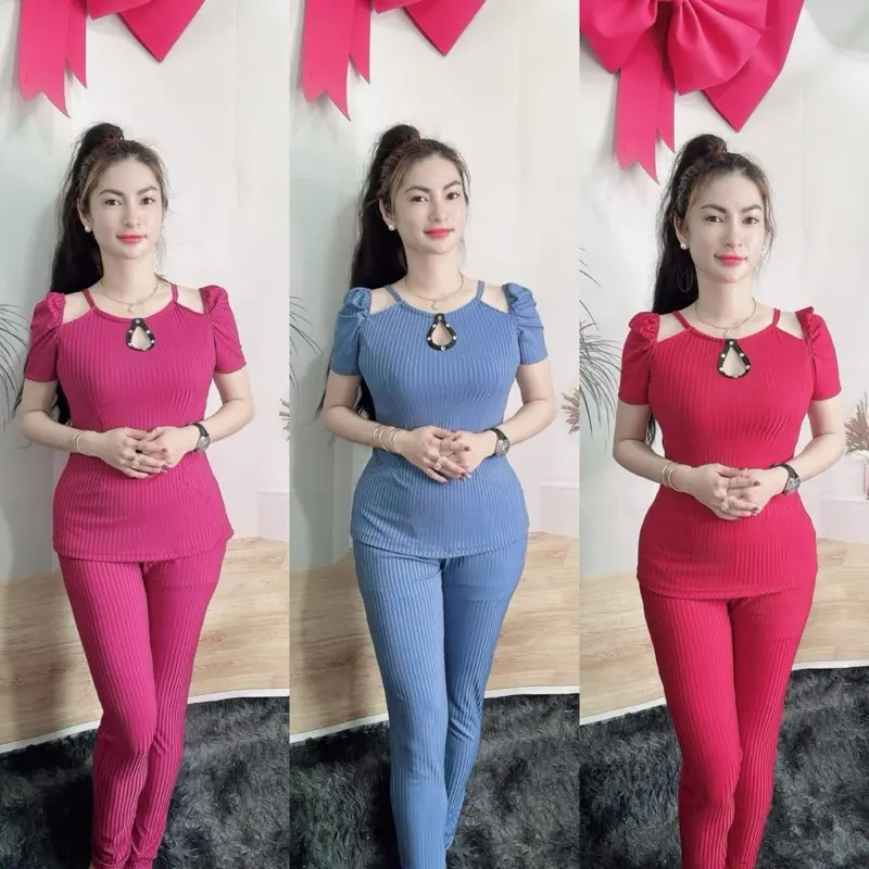 - Mẫu mới  - Đồ Bộ Quần Dài Ống Ôm -Cổ Lá Sen ThunGân Đủa Size 12345