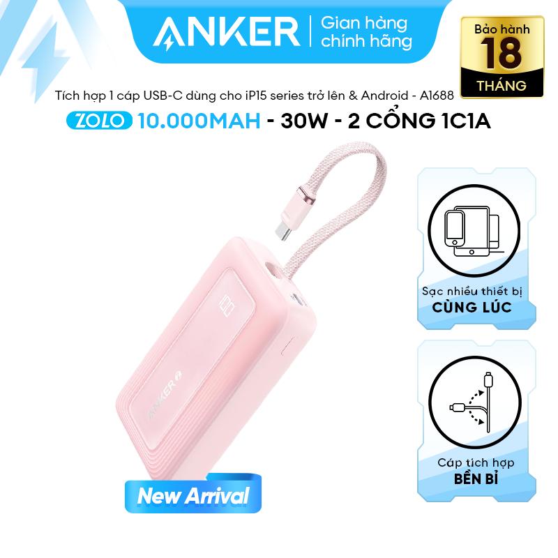 [ANKER] Sạc Dự Phòng Anker Zolo 10000mAh 30W - 2 Cổng 1C1A - Tích Hợp Cáp USB-C 2 Chiều - Sạc 3 Thiết Bị Cùng Lúc - A1688