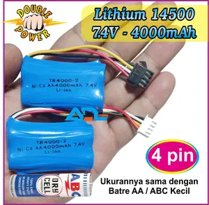 Baterai Mainan Anak Mobil RC, Lithium 14500 7.4V 3000mAh Soket HITAM 4 PIN & PUTIH XH 4 PIN