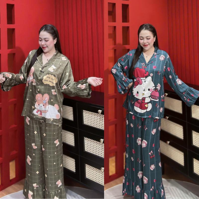 Đồ bộ tay dài quần dài họa tiết in dễ thương phong cách tiểu thư chất lụa latin dành cho nữ có size tới 80kg