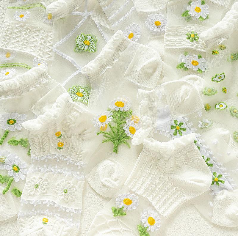 Product Introduction of Tất Lụa Pha Lê Mùa Hè, 5 Đôi, Siêu Mỏng, Trong Suốt, Tất Ngắn Ren Cho Bé Gái, Thời Trang, Hoa Cúc Tươi, Tất Thuyền Vô Hình 14
