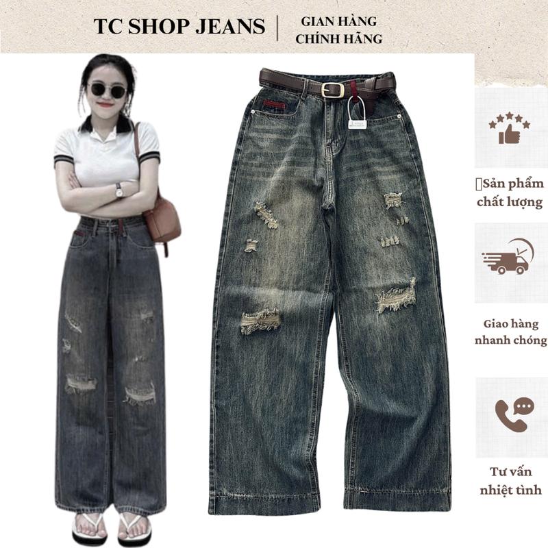 ( DÀI 103CM ) TCSHOPJEANS QUẦN JEAN SUÔNG BIGSIZE LƯNG CAO SĂN ĐỎ PHỐI RÁCH MÃ 379
