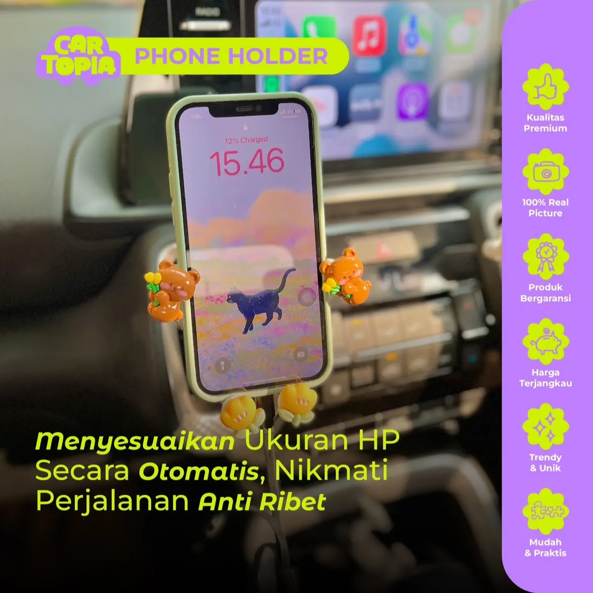 CARTOPIA Holder Hp Mobil Jepit Ac Aksesoris Mobil Lucu Phone Holder Estetik