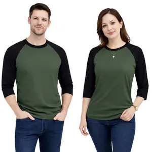 kaos reglan polos Army-Hitam lengan 3/4 unisex kaos couple Santai Seragam