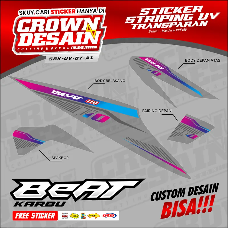 STIKER STRIPING LIS RAINBOW BEAT KARBU - Decal Striping Transparan UV Body Beat Karbu Motif Racing Elegant - SBK-UV 1