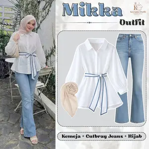 Setelan Remaja Kekinian (Blouse Tali Pita Shakila Crepe, Celana Cutbray Jeans Denim, Hijab Bella Square) Outfit Hangout Nongkrong Ala Cewek Kece Hits OOTD Clean Outfit Look Casual Simple Trendy One Set Korean Style Ala Cewek Cantik Korea KY6V