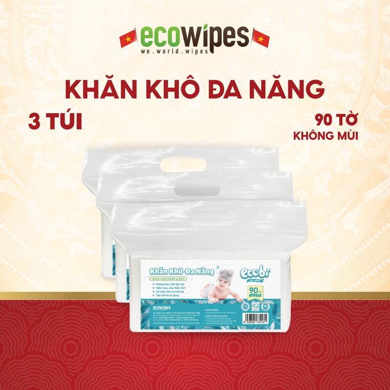 Thùng 03 túi khăn vải khô đa năng cao cấp an toàn cho bé Ecobi túi 90 tờ 120g siêu tiết kiệm mềm mịn dai thấm hút tốt