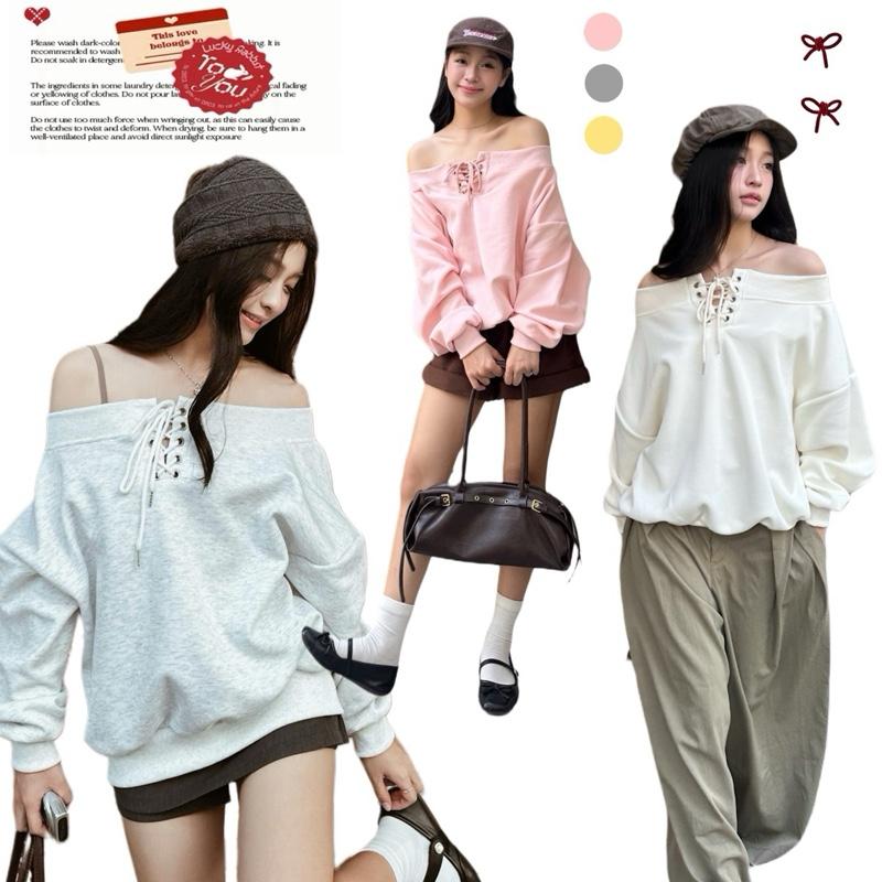  Áo Sweater Trễ Vai Luồn Dây Ore Có Điều Chỉnh Xu Min Min - Chất Nỉ Dày Dặn Không Đổ Lông Dáng Rộng  Trễ Vai Ore  
