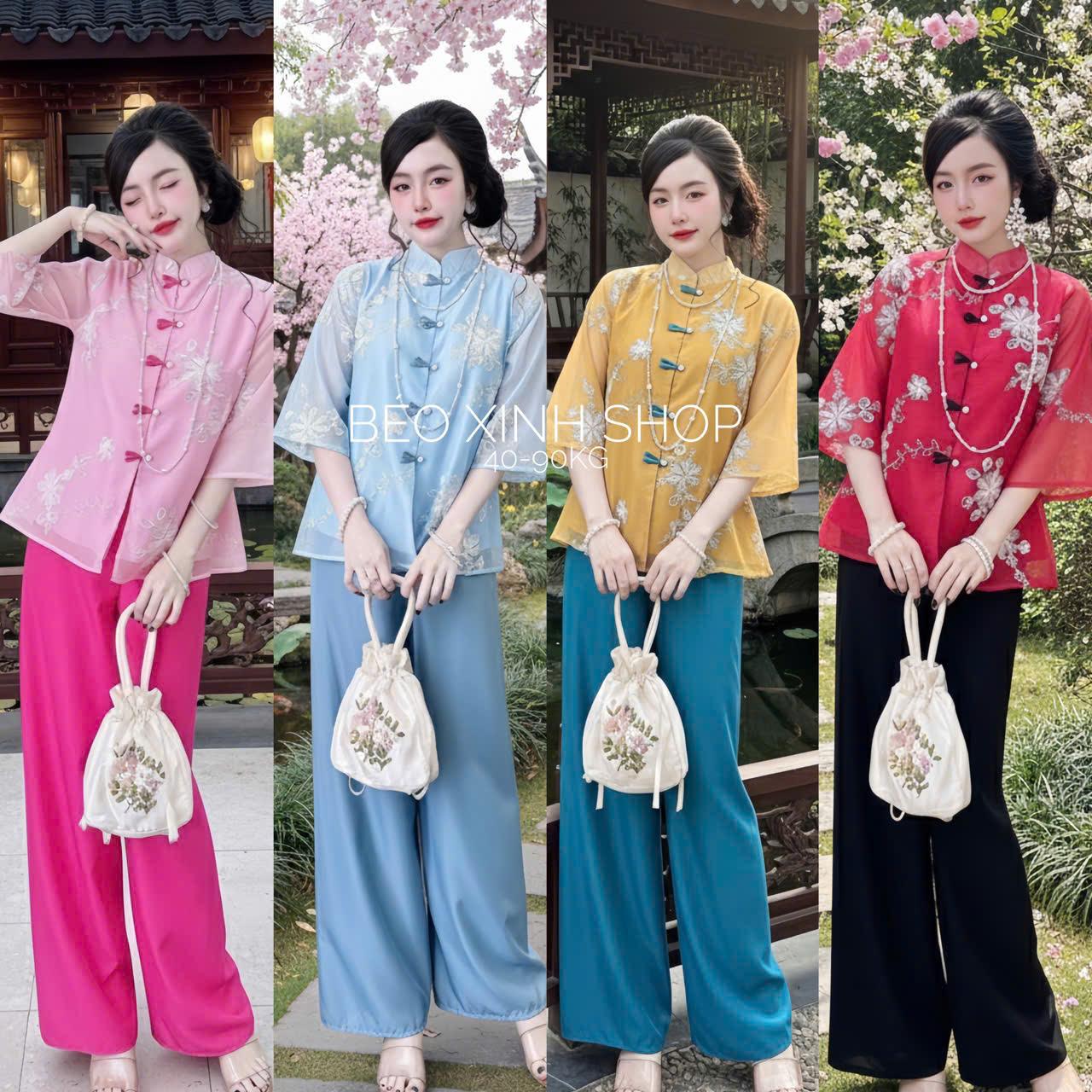 [Tết 2026] Set Đồ Lam Nữ Đi Chùa Thêu Hoa Dáng Suông Thanh Tịnh Nhẹ Nhàng Mềm Mát Vải Áo Tơ Ánh Kim 2 Lớp Quần Lụa Chéo 40-95Kg Nữ Women Dress Voan - A.1708